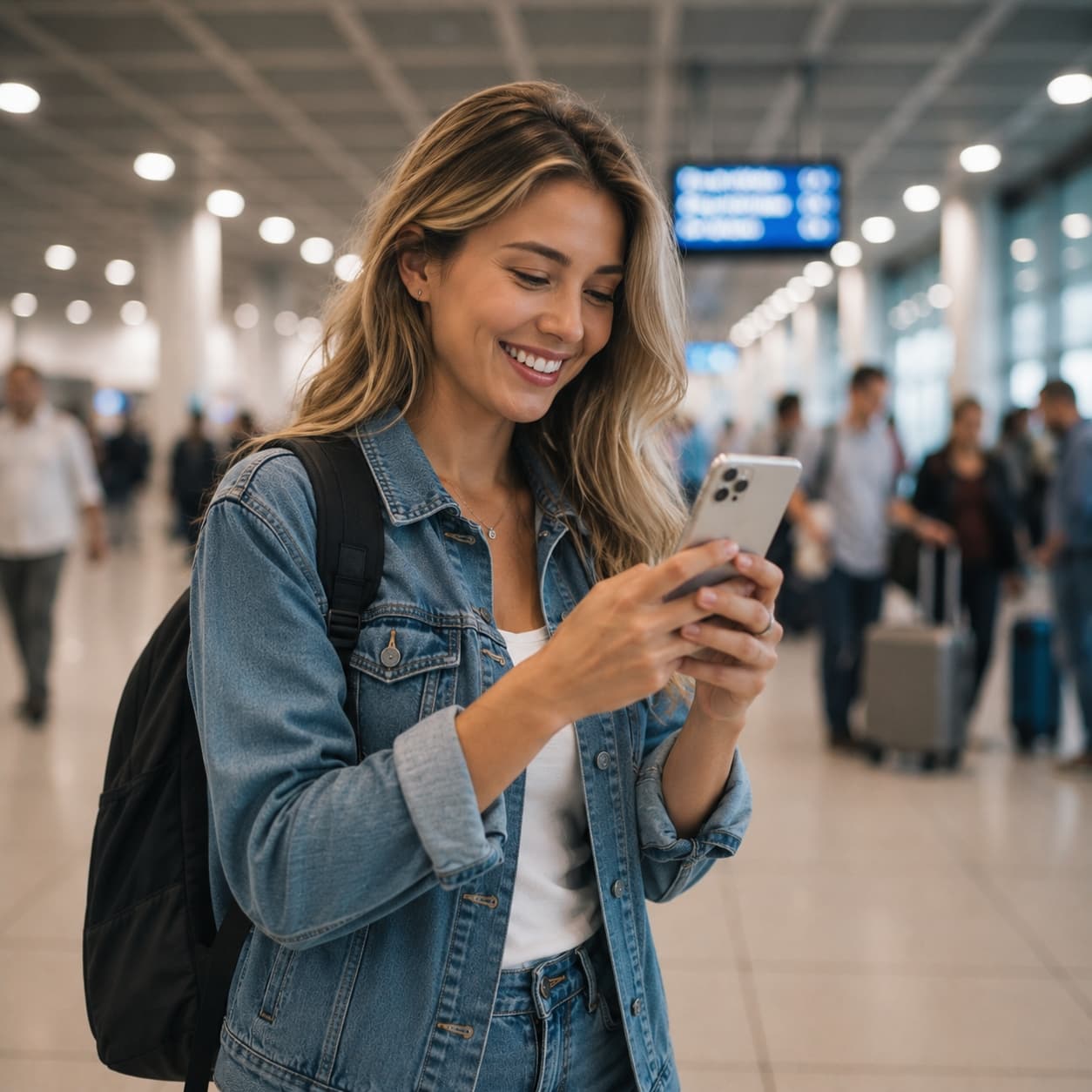 Traveler using a phone at the airport