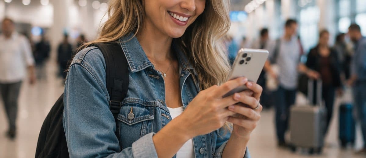 Traveler using a phone at the airport